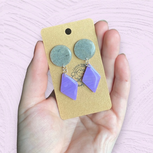 Handmade Lavender Purple and Speckled Grey Earrings - Diamond and Circle Shape - Picture 2 of 5